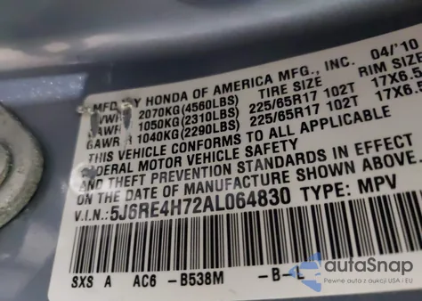 2010 Honda Cr-V Ex-L from USA, damaged, VIN 5J6RE4H72AL064830